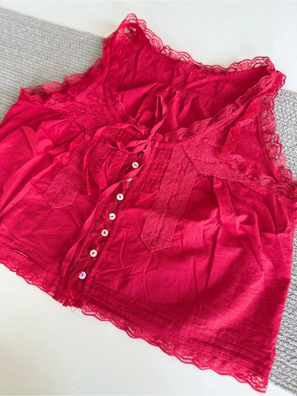 Vintage Red Cotton Lace-Trim Button Front Camisole Tank Top Size Large - Picture 8 of 9